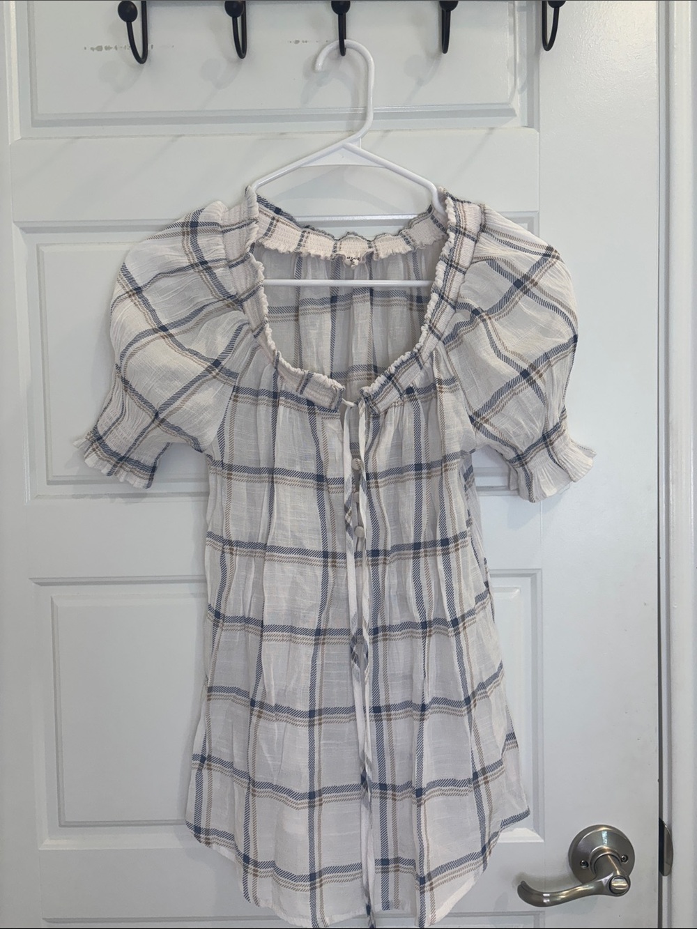 Mine Plaid Puff Sleeve Tie Front Babydoll Blouse M